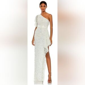 Mac Duggal 93687 One Shoulder Beaded Gown with Asymmetrical Hem NWT Sz 4 White